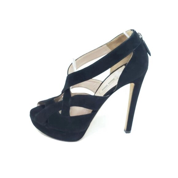 Miu Miu Platform Strappy High Heel Sandals Peep Toe Black Suede EUR 39 US 9 - Picture 1 of 10